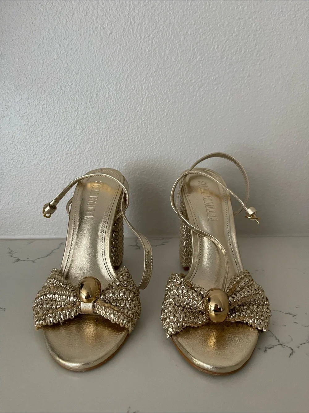 Steve Madden Metallic Gold Bow Ankle-Strap Heels